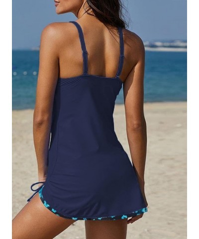 One Piece Tankini Bathing Suits for Women Tummy Control Swimsuits Sexy Deep V Neck Print Drawstring Skirt Swimwear D New Blue...