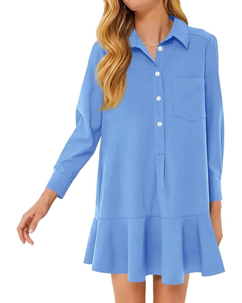 Womens Casual Button Down Shirt Dress Long Sleeve Collared Pleated Swing Mini Dresses Blue $23.19 Dresses