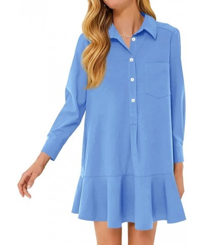 Womens Casual Button Down Shirt Dress Long Sleeve Collared Pleated Swing Mini Dresses Blue $23.19 Dresses