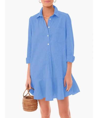 Womens Casual Button Down Shirt Dress Long Sleeve Collared Pleated Swing Mini Dresses Blue $23.19 Dresses