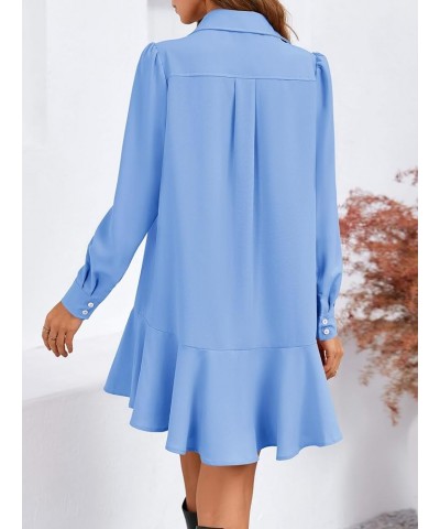 Womens Casual Button Down Shirt Dress Long Sleeve Collared Pleated Swing Mini Dresses Blue $23.19 Dresses