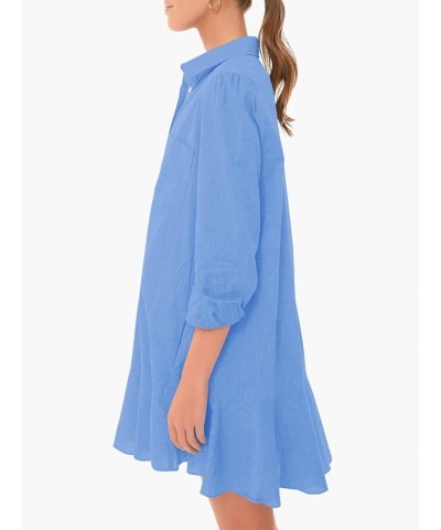 Womens Casual Button Down Shirt Dress Long Sleeve Collared Pleated Swing Mini Dresses Blue $23.19 Dresses