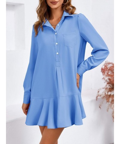 Womens Casual Button Down Shirt Dress Long Sleeve Collared Pleated Swing Mini Dresses Blue $23.19 Dresses