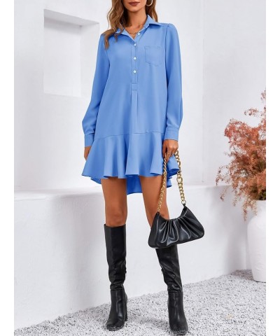 Womens Casual Button Down Shirt Dress Long Sleeve Collared Pleated Swing Mini Dresses Blue $23.19 Dresses