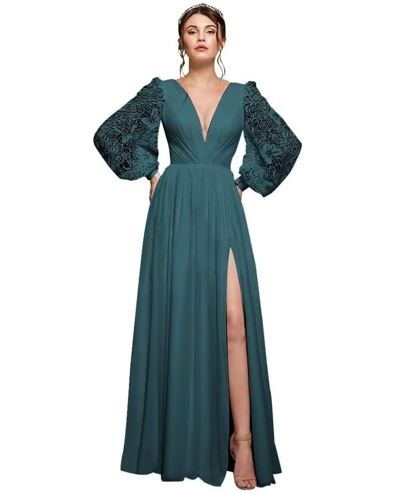 V Neck Long Sleeve Bridesmaid Dresses Chiffon Prom Dresses for Women Formal Gowns with Slit Peacock $42.30 Others