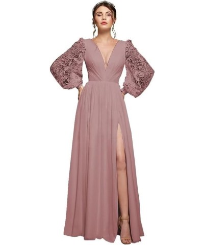 V Neck Long Sleeve Bridesmaid Dresses Chiffon Prom Dresses for Women Formal Gowns with Slit Peacock $42.30 Others