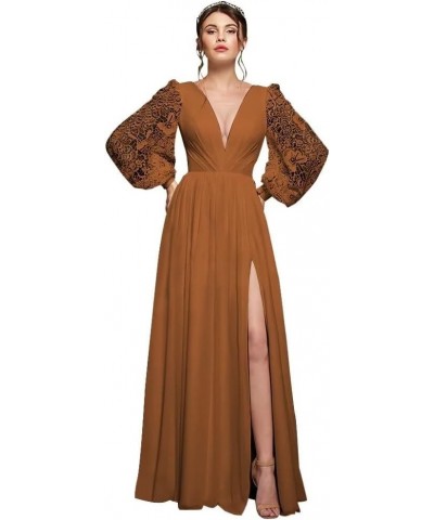 V Neck Long Sleeve Bridesmaid Dresses Chiffon Prom Dresses for Women Formal Gowns with Slit Peacock $42.30 Others