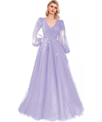 Sequin Applique Long Sleeve Prom Dress Sparkly Tulle Ball Gown A Line V Neck Formal Evening Gowns Lavender $33.60 Dresses