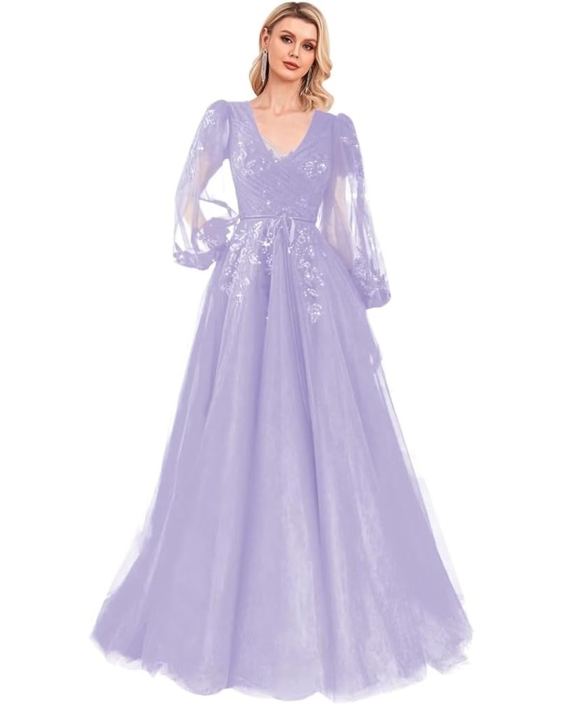 Sequin Applique Long Sleeve Prom Dress Sparkly Tulle Ball Gown A Line V Neck Formal Evening Gowns Lavender $33.60 Dresses