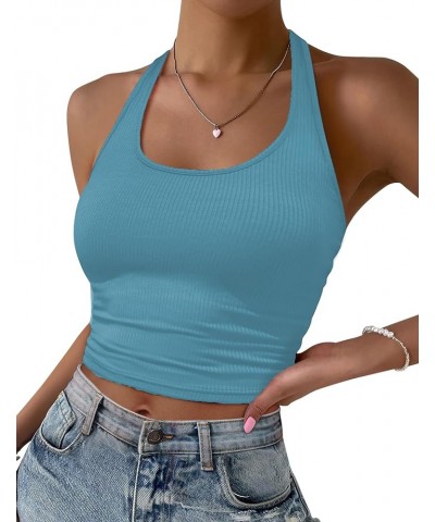 Women Halter Top Backless Scroop Neck Slim Stretchy Ribbed Knit Camisole Crop Tops S-XXL Clear Blue $10.35 Tanks