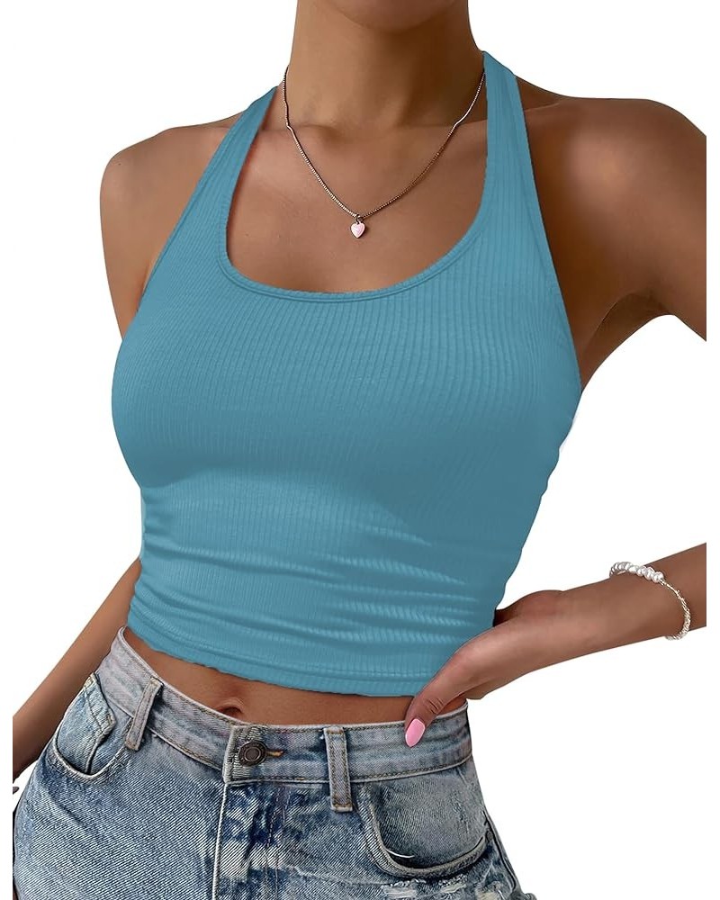 Women Halter Top Backless Scroop Neck Slim Stretchy Ribbed Knit Camisole Crop Tops S-XXL Clear Blue $10.35 Tanks