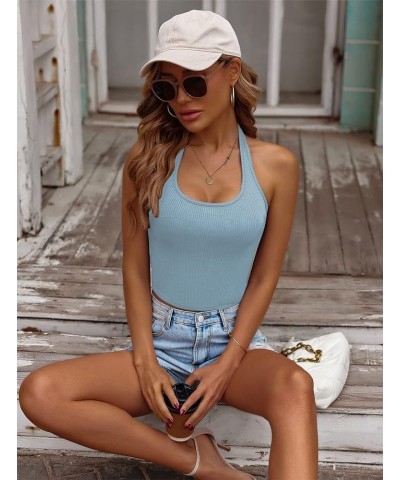 Women Halter Top Backless Scroop Neck Slim Stretchy Ribbed Knit Camisole Crop Tops S-XXL Clear Blue $10.35 Tanks