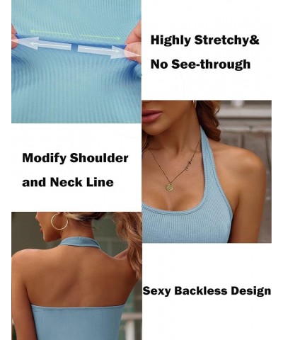 Women Halter Top Backless Scroop Neck Slim Stretchy Ribbed Knit Camisole Crop Tops S-XXL Clear Blue $10.35 Tanks