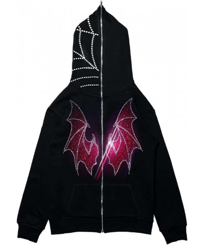 Y2K Rhinestone Full Zip Up Hoodie Women Man Goth Graphic Oversized Punk Jackets Grunge Sweatshirt Coat K-black Red Wing $17.6...