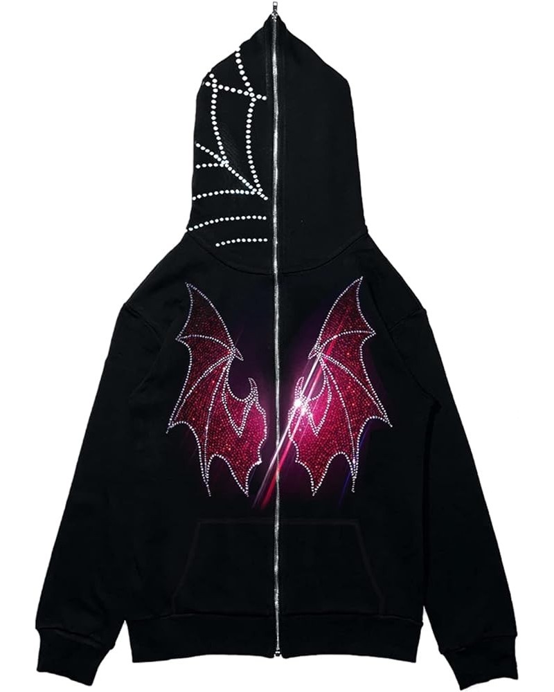 Y2K Rhinestone Full Zip Up Hoodie Women Man Goth Graphic Oversized Punk Jackets Grunge Sweatshirt Coat K-black Red Wing $17.6...