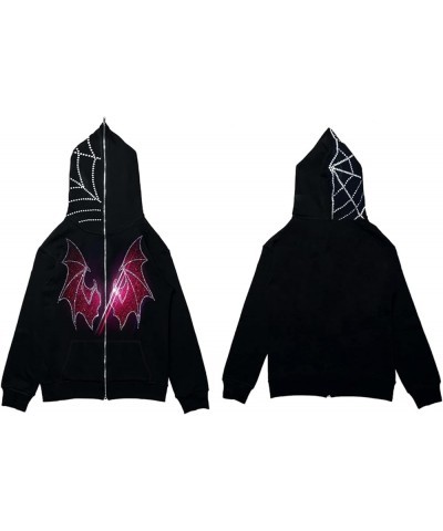 Y2K Rhinestone Full Zip Up Hoodie Women Man Goth Graphic Oversized Punk Jackets Grunge Sweatshirt Coat K-black Red Wing $17.6...