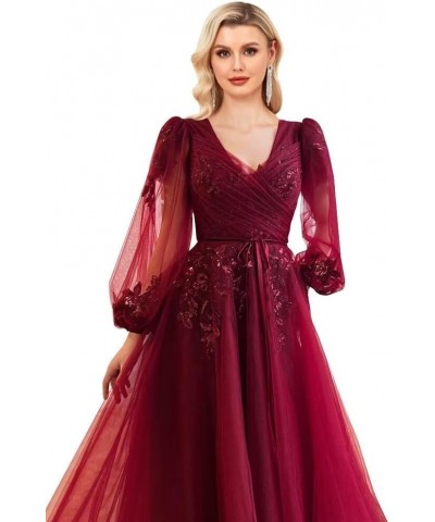 Sequin Applique Long Sleeve Prom Dress Sparkly Tulle Ball Gown A Line V Neck Formal Evening Gowns Lavender $33.60 Dresses