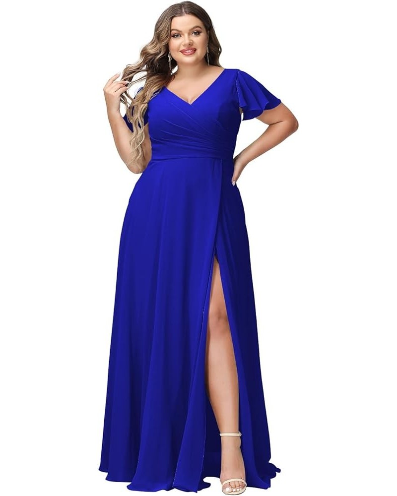 Women's Short Sleeve Pleated Bridesmaid Dresses with Slit 2023 Chiffon V-Neck Long Formal Dress and Party Dress NA21 Royal Bl...