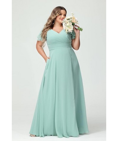 Women's Short Sleeve Pleated Bridesmaid Dresses with Slit 2023 Chiffon V-Neck Long Formal Dress and Party Dress NA21 Royal Bl...