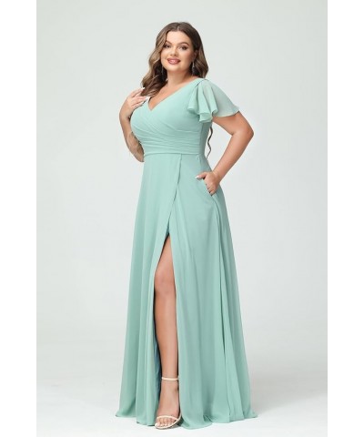 Women's Short Sleeve Pleated Bridesmaid Dresses with Slit 2023 Chiffon V-Neck Long Formal Dress and Party Dress NA21 Royal Bl...