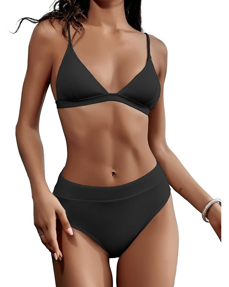 Ribbed High Waisted Tummy Control Bikini Sets for Women Push Up Triangle Bathing Suit Two Piece High Cut Swimsuit Black $20.6...