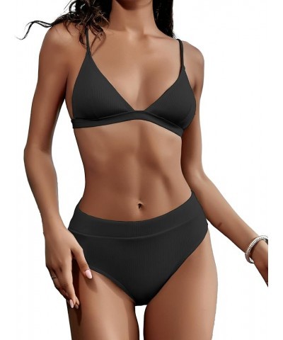 Ribbed High Waisted Tummy Control Bikini Sets for Women Push Up Triangle Bathing Suit Two Piece High Cut Swimsuit Black $20.6...