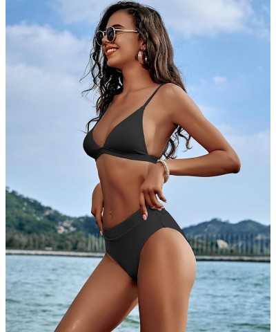 Ribbed High Waisted Tummy Control Bikini Sets for Women Push Up Triangle Bathing Suit Two Piece High Cut Swimsuit Black $20.6...