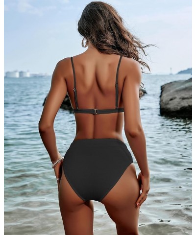 Ribbed High Waisted Tummy Control Bikini Sets for Women Push Up Triangle Bathing Suit Two Piece High Cut Swimsuit Black $20.6...