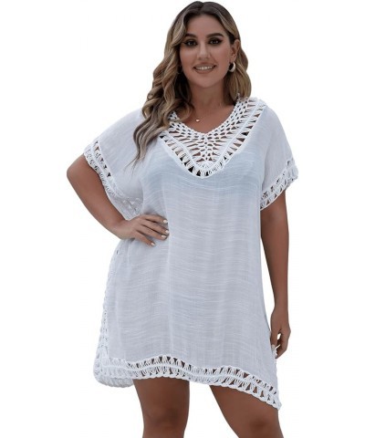 Women's Plus Size Short Sleeve Bathing Suit Cover Up Crochet Swim Beach Dress Snow White 0XL White Solid $17.86 Swimsuits