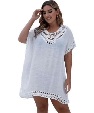 Women's Plus Size Short Sleeve Bathing Suit Cover Up Crochet Swim Beach Dress Snow White 0XL White Solid $17.86 Swimsuits