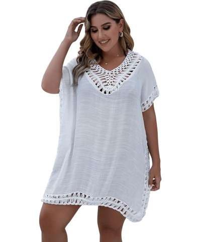 Women's Plus Size Short Sleeve Bathing Suit Cover Up Crochet Swim Beach Dress Snow White 0XL White Solid $17.86 Swimsuits