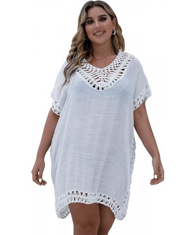 Women's Plus Size Short Sleeve Bathing Suit Cover Up Crochet Swim Beach Dress Snow White 0XL White Solid $17.86 Swimsuits