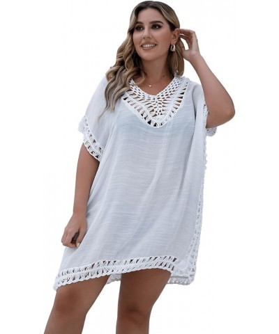 Women's Plus Size Short Sleeve Bathing Suit Cover Up Crochet Swim Beach Dress Snow White 0XL White Solid $17.86 Swimsuits