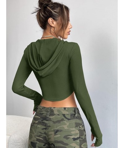 Women's Ribbed Knit Zip Up Drawstring Hoodie Long Sleeve Bodycon Crop Jacket Army Green $13.48 Jackets