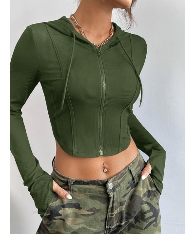 Women's Ribbed Knit Zip Up Drawstring Hoodie Long Sleeve Bodycon Crop Jacket Army Green $13.48 Jackets