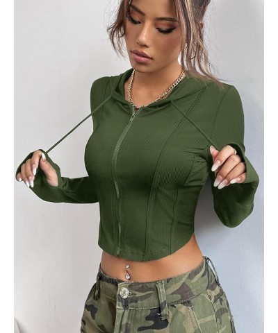 Women's Ribbed Knit Zip Up Drawstring Hoodie Long Sleeve Bodycon Crop Jacket Army Green $13.48 Jackets