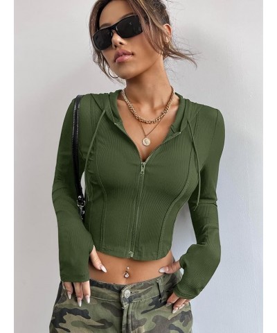 Women's Ribbed Knit Zip Up Drawstring Hoodie Long Sleeve Bodycon Crop Jacket Army Green $13.48 Jackets