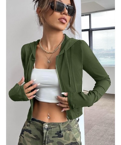 Women's Ribbed Knit Zip Up Drawstring Hoodie Long Sleeve Bodycon Crop Jacket Army Green $13.48 Jackets