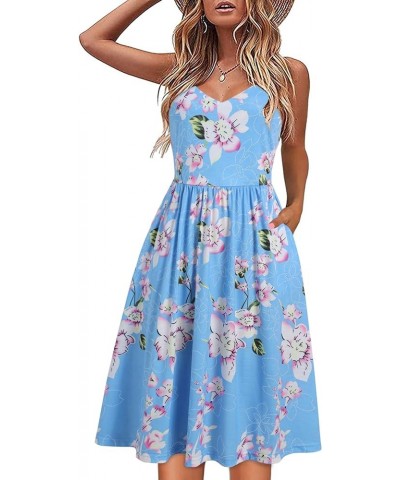 Women's V Neck Floral Summer Dresses Casual Party Spaghetti Strap A Line Swing Midi Sundress with Pocket 8076 Light Blue Flor...