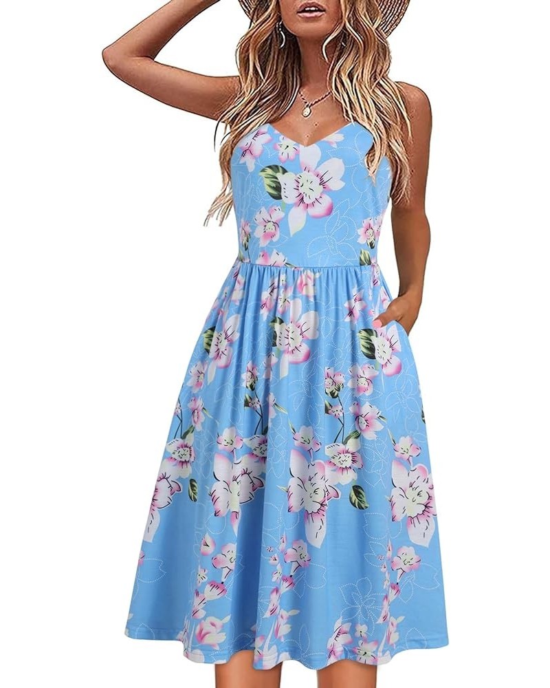 Women's V Neck Floral Summer Dresses Casual Party Spaghetti Strap A Line Swing Midi Sundress with Pocket 8076 Light Blue Flor...