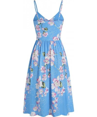 Women's V Neck Floral Summer Dresses Casual Party Spaghetti Strap A Line Swing Midi Sundress with Pocket 8076 Light Blue Flor...