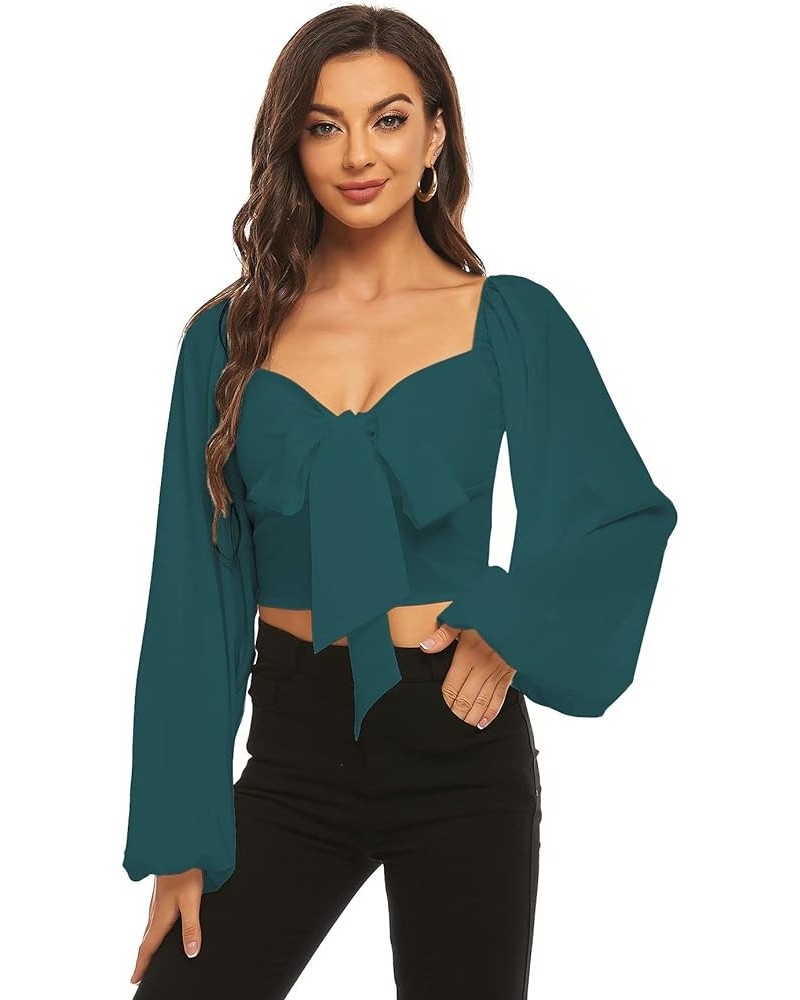 Women's Tie Knot Front Shirred Back Lantern Long Sleeve Crop Blouse Tee Top Dark Green $15.68 Blouses