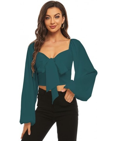 Women's Tie Knot Front Shirred Back Lantern Long Sleeve Crop Blouse Tee Top Dark Green $15.68 Blouses