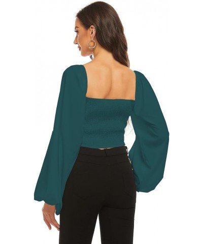 Women's Tie Knot Front Shirred Back Lantern Long Sleeve Crop Blouse Tee Top Dark Green $15.68 Blouses