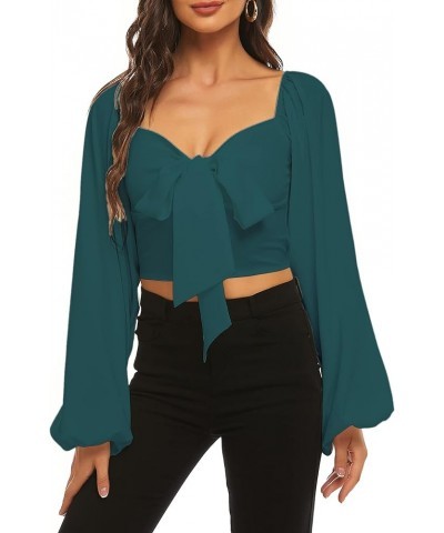 Women's Tie Knot Front Shirred Back Lantern Long Sleeve Crop Blouse Tee Top Dark Green $15.68 Blouses