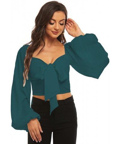 Women's Tie Knot Front Shirred Back Lantern Long Sleeve Crop Blouse Tee Top Dark Green $15.68 Blouses