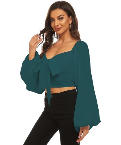 Women's Tie Knot Front Shirred Back Lantern Long Sleeve Crop Blouse Tee Top Dark Green $15.68 Blouses