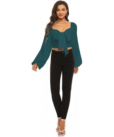 Women's Tie Knot Front Shirred Back Lantern Long Sleeve Crop Blouse Tee Top Dark Green $15.68 Blouses