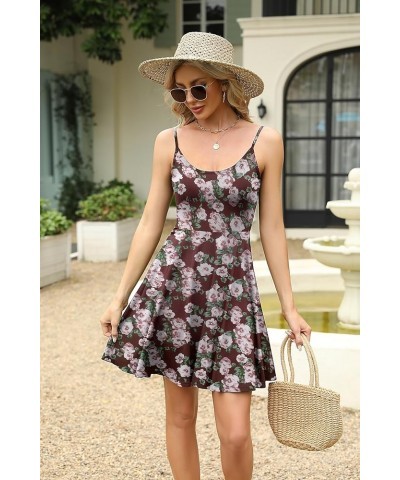 Women's Summer Dress Adjustable Spaghetti Strap Floral Mini Casual Dress with Pockets Fit & Flare Beach Sundress Wine Red Flo...