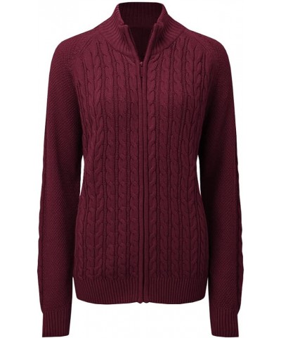 Women's Zipper Cable Knit Sweater Cardigan Long Sleeve Open Front Warm Knit Cardigan Casual Cardigan Knitwear Wine Red $26.21...